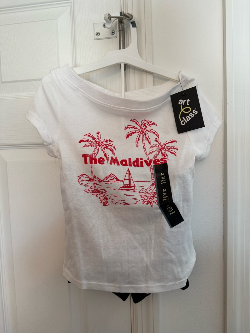 art class White Short Sleeve Tee w/ Red Maldives Graphic+ Black Cat&Jack Shorts
